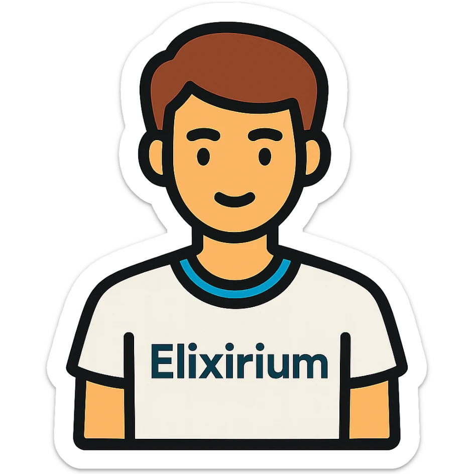 young man wearing white t-shirt with the word 'Elixirium' written on the t-shirt, colorful outline icon style sticker