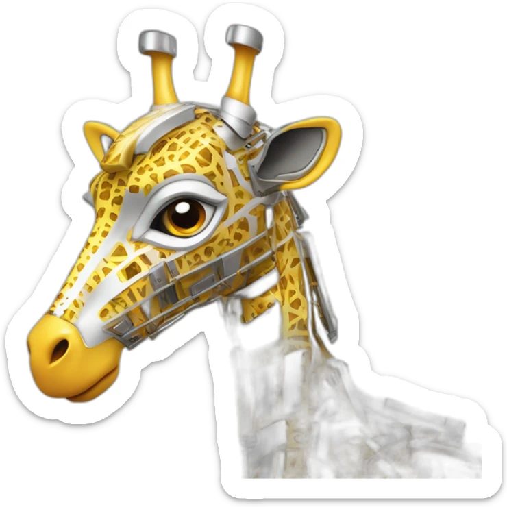 Una girafa robotica con patrones de circuitos brillantes en su piel, piernas con juntas móviles y piezas de metal relucientes sticker