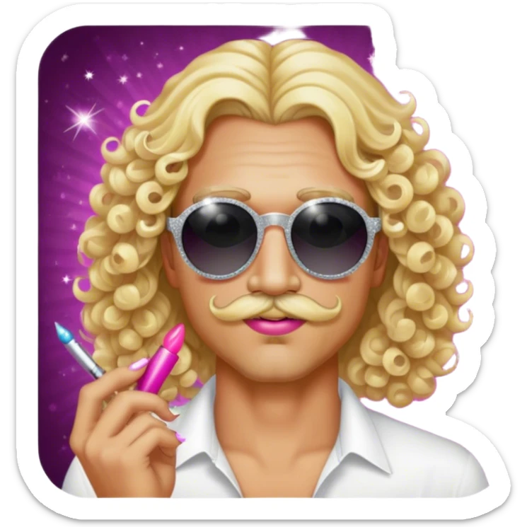 Man with long straight blonde hair, a curly blonde mustache, round sunglasses, add makeup and lipstick, make him look hot add sparkles and nail polish hot sticker