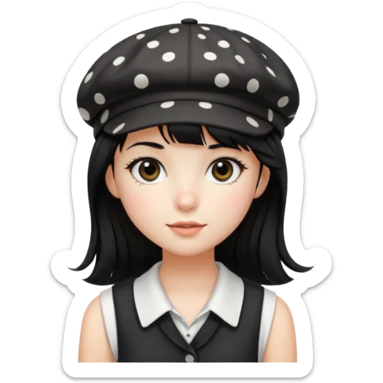 pinterst girl with heavy bang, black long strait hair and black pica dot newsboy cap on her hat, wearing white sleeveless  sticker