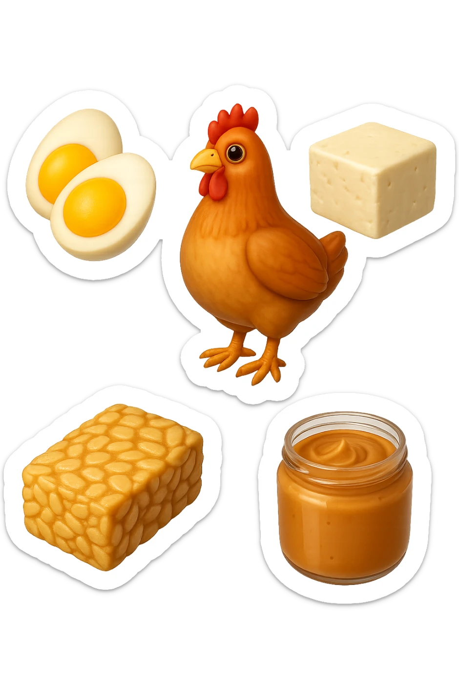 EMOJI STILE IPHONE DI
 uova, pollo, tofu, tempeh, burro di arachidi
, fluttuano in aria REALISTICA 4K sticker