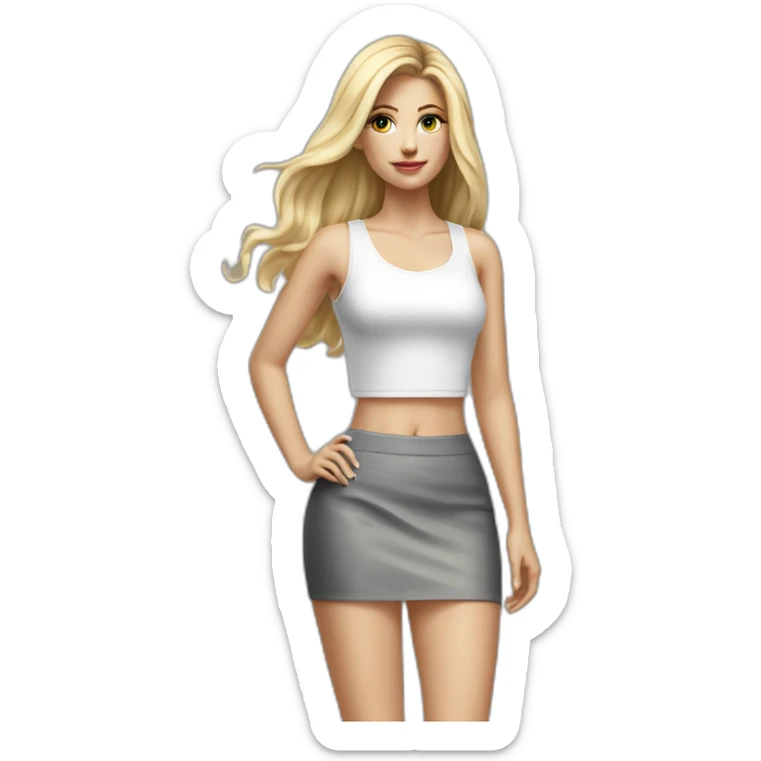 hyperrealist caucasian long blonde hair woman white crop tank top gray tight mini skirt black high heel shoes sticker