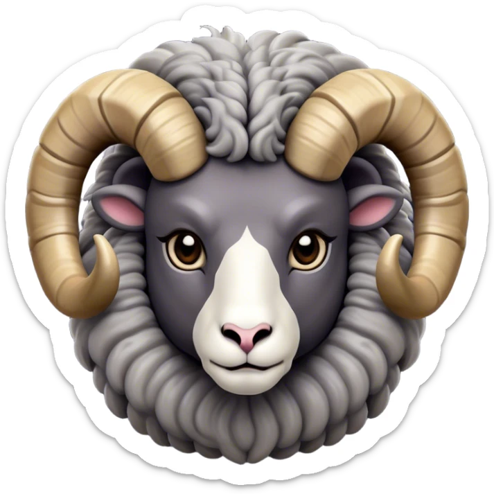 Cinematic Noble Ram Portrait Emoji, Poised and regal, with a sturdy, powerful build and a thick, woolly grey fur adorned with impressively curled horns, deep-set soulful dark eyes, Simplified yet sharp and sophisticated features, highly detailed, glowing with a soft, dignified glow, high shine, intelligent and commanding, stylized with an air of rugged majesty, focused and attentive, soft glowing outline, capturing the essence of a watchful and confident ram, so majestic it feels as though it could charge out of the screen with effortless authority! sticker