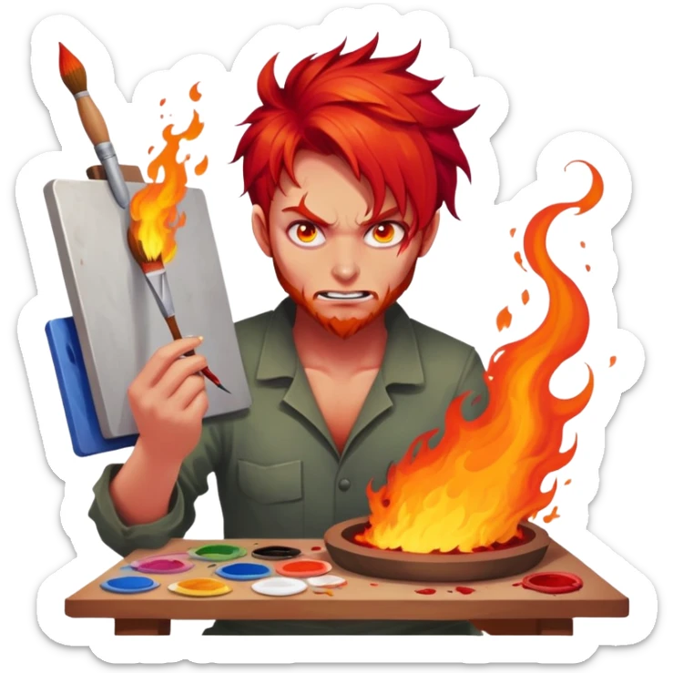 demon artist with wild fiery hair painting chaotic art in hellscape sticker