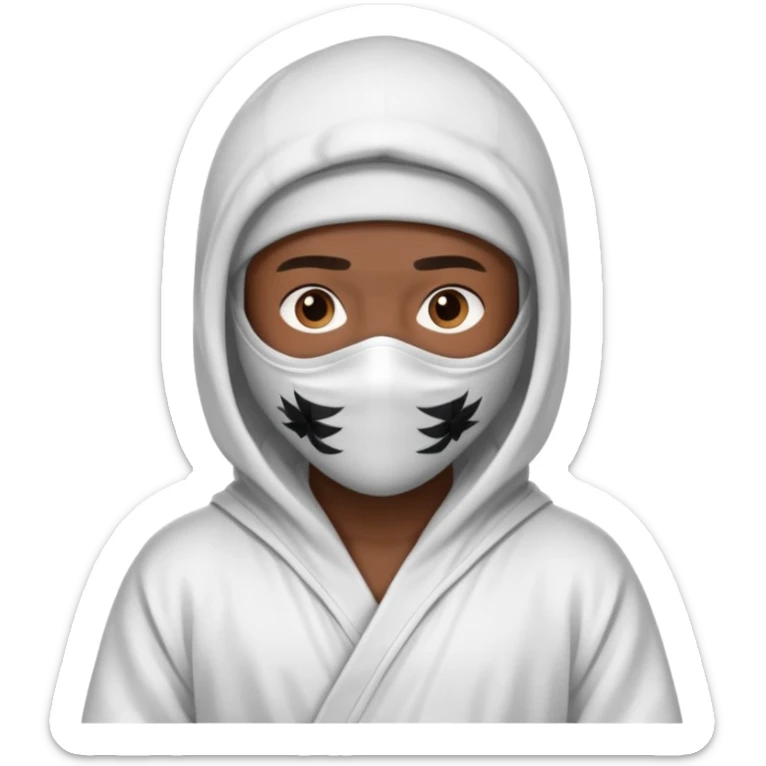 All white ninja robe with no black with white ski mask to cover face and neck with a hoodie on and dark brown skin color sticker