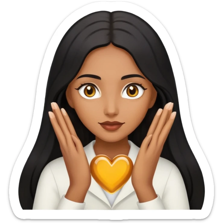 I want you to design for me a brown-skinned character with long black hair and honey-colored eyes, and she can make a heart-shaped head with her hands. sticker