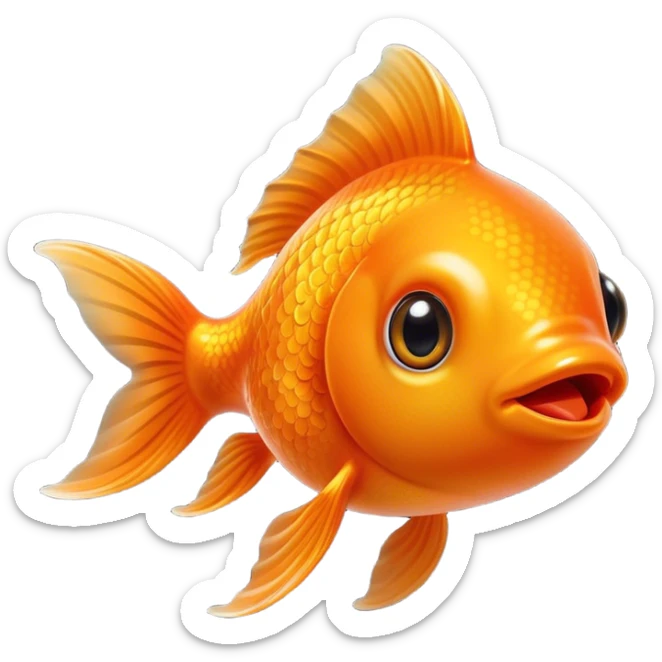 Cinematic Cute Orange Goldfish Portrait Emoji, Head tilted playfully and inquisitively, featuring a glossy, vibrant orange body with delicate, flowing fins, round, sparkling golden eyes filled with curiosity, Simplified yet irresistibly adorable features, highly detailed, glowing with a warm, friendly glow, high shine, affectionate and lively, stylized with a touch of whimsy, bright and endearing, soft glowing outline, capturing the essence of a mischievous yet loving goldfish, so playful it feels like it could swim out of the screen and into your heart! sticker
