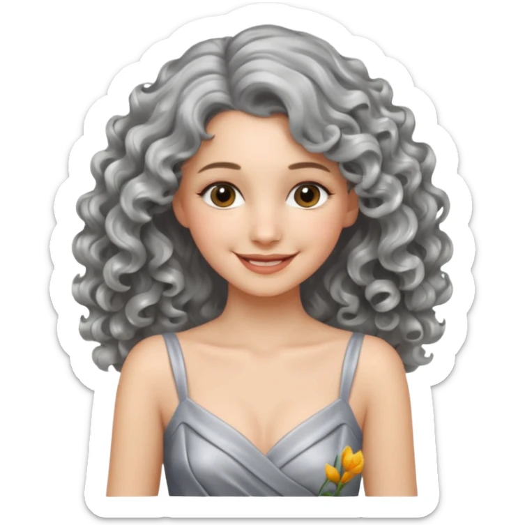 silver, wavy/curly hair shorter than shoulder-length smiling lady giving hug sticker