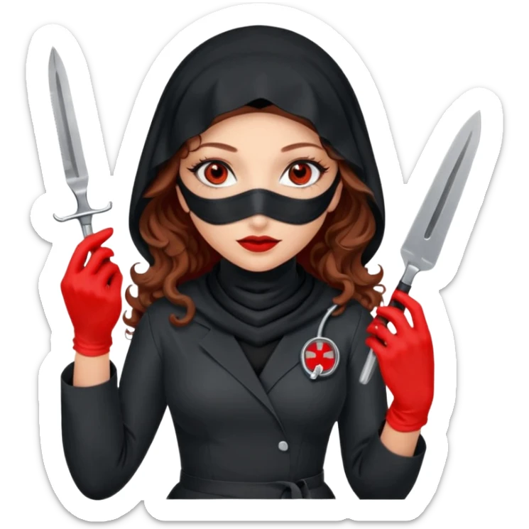 


Scary woman scalpel in hand, evil surgeon sexy surgeon clothes.  She has redcolored  eyes. Her  hair only is free ne brown long curly hair. Wears sexy doctor outfit with red gloves. make her wear full Muslim burka to mask and nose mouth mask  to hide. Wears white surgeon coat, wears  stilettos sticker