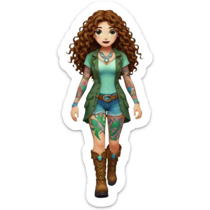 full body view of a woman with long curly brown hair, brown eyes, white skin, tattoos, walking forward through psychedelic fog, glowing vines wrapping around her boots sticker