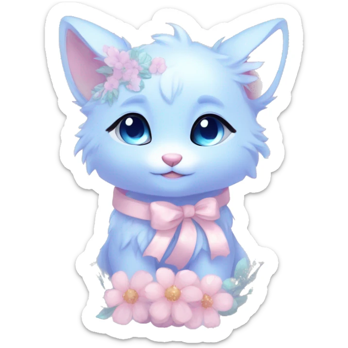 Anthro Cute Cool Blushing Pastel Innocent Shy Kawaii gorgeous sparkly ethereal fantasy anime animal creature with blue eyes furry sona with flowers and ribbons beautiful aesthetic sticker