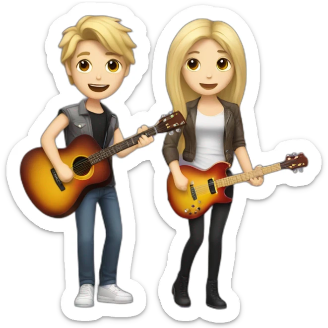 Singer girl with dark hair and blonde guitar player boy. Couple sticker