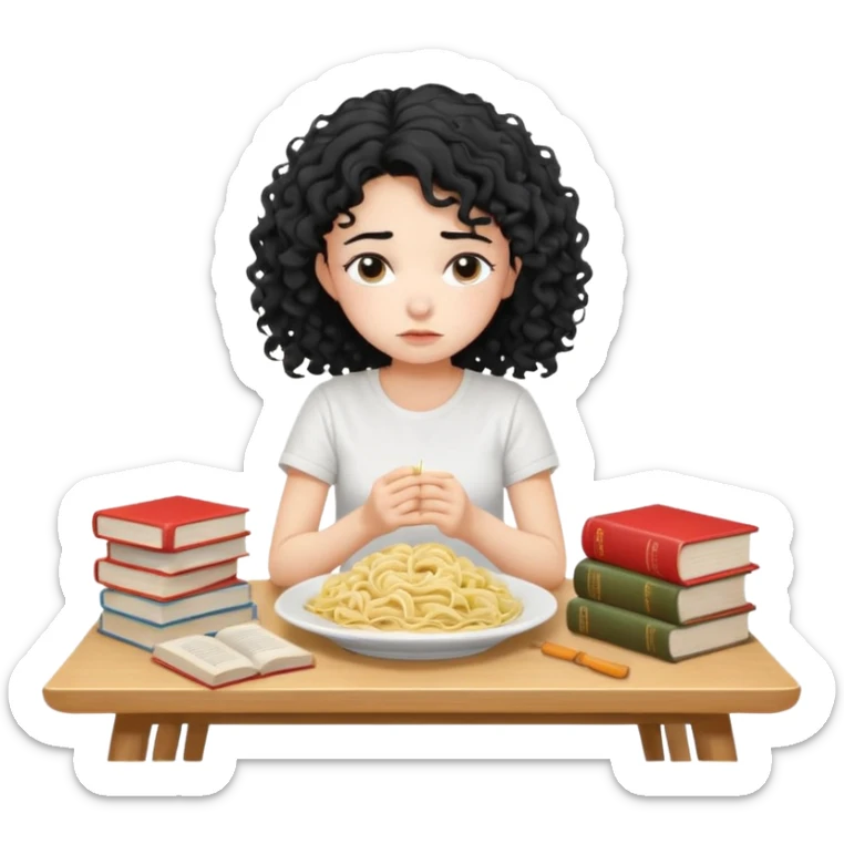 generate a pretty bratz fair skinned girl with curly black hair wearing a white tshirt sitting on a table with noodles and books. looking sleepy and tired and sad sticker