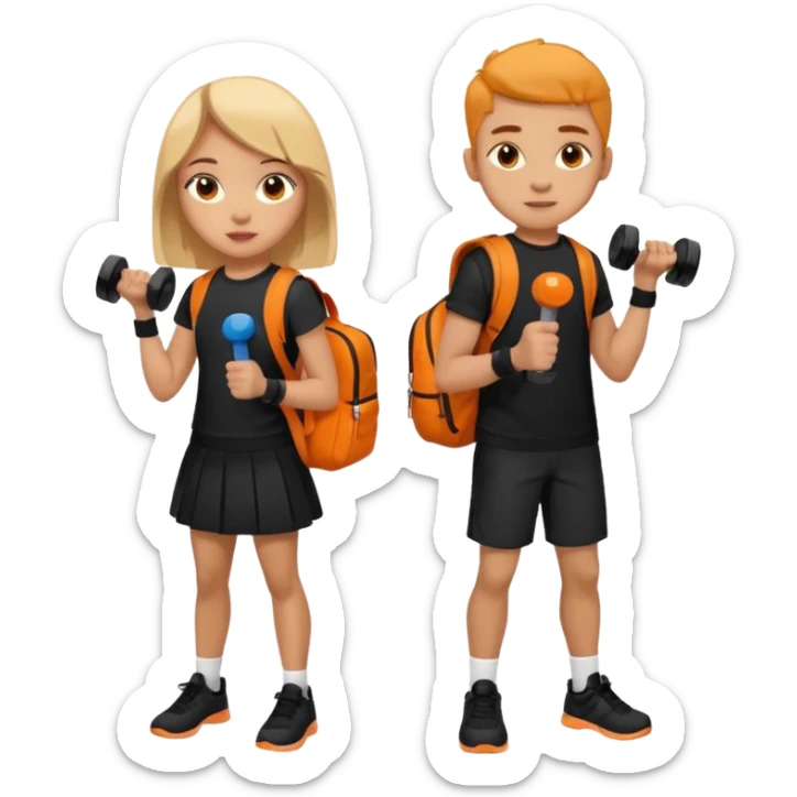 light skin students girl and boy with school bag full of books on back and dumbell in hand. Clothes are in black and orange colours. They are going to the gym sticker