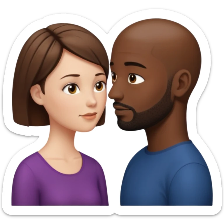 a white woman with short brown hair and a black man with no hair and a beard are looking at each other lovely sticker
