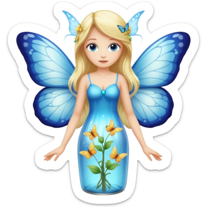 full body woman long blonde hair blue eyes white skin butterfly fairy wings and nectar bottle sticker