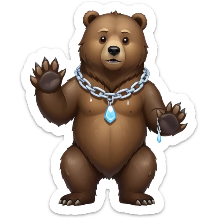 Complete view of serious grizzly bear on four paws, dark brown fur, whole body shown from head to tail, thick ice chain collar sticker