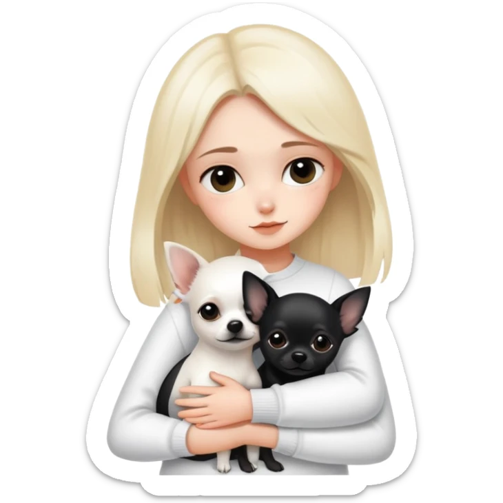 A girl with fair skin, wearing white clothes, gently and tightly hugs a black Chihuahua sticker