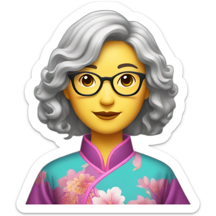 Chinese lady with like Lai gray hair wavy hair to the shoulder length where Chinese dress colourful dress wear glasses sticker