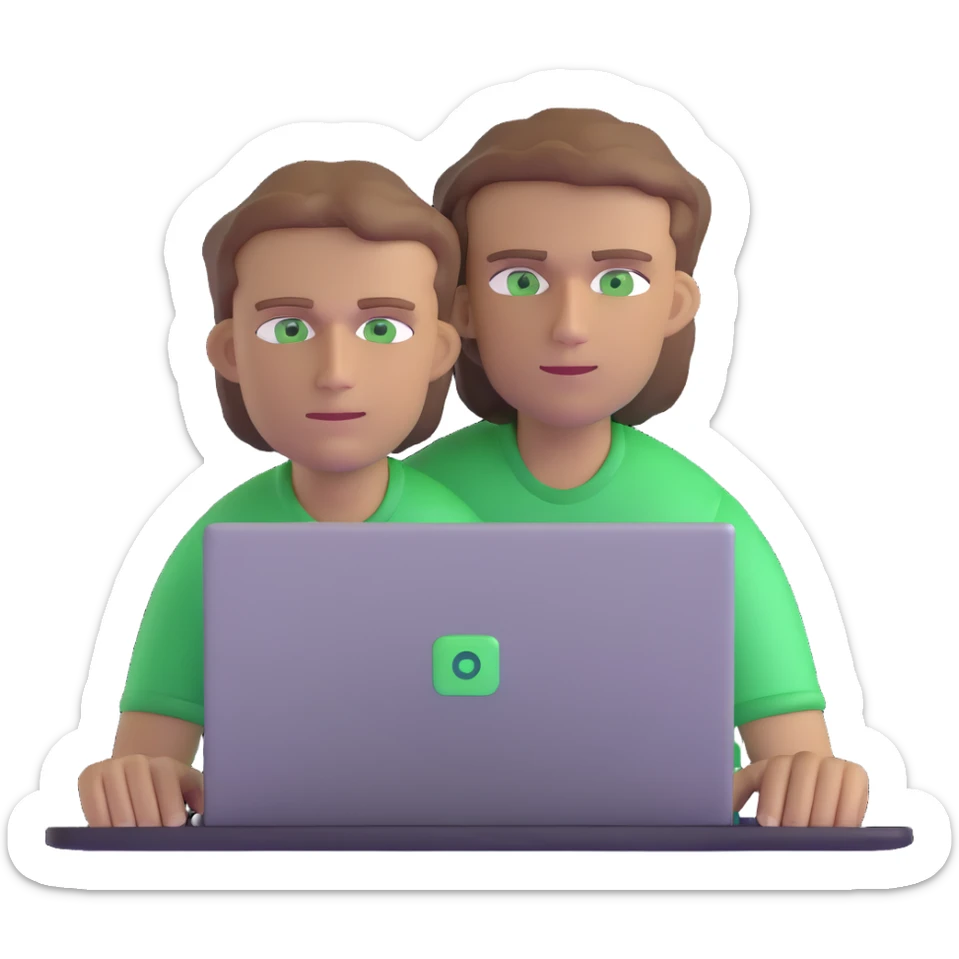man with light brown hair and green eyes sitting in front of a laptop sticker