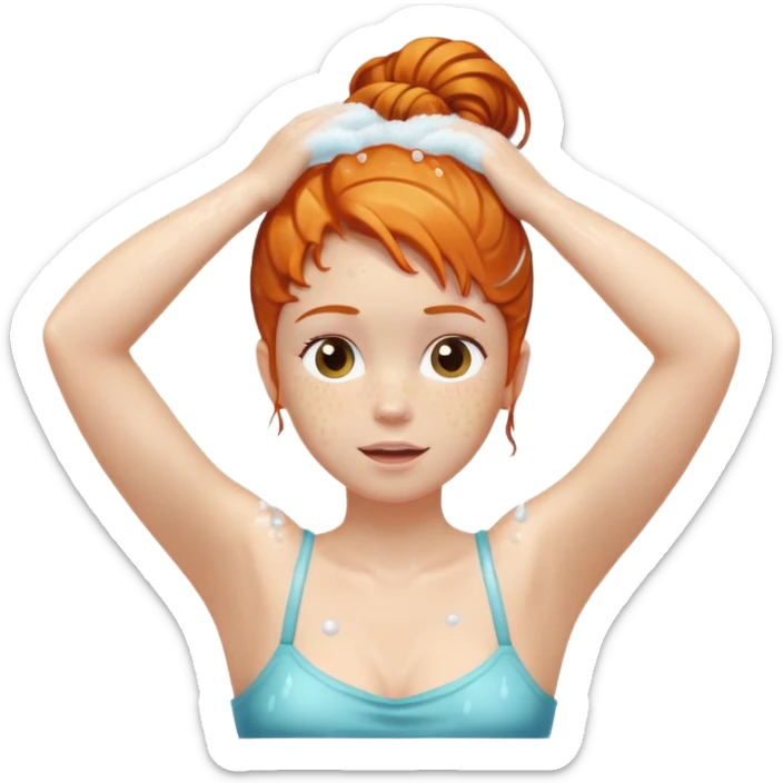 Ginger girl hair up arms up hands on head shower washing hair soapy bubbles sticker