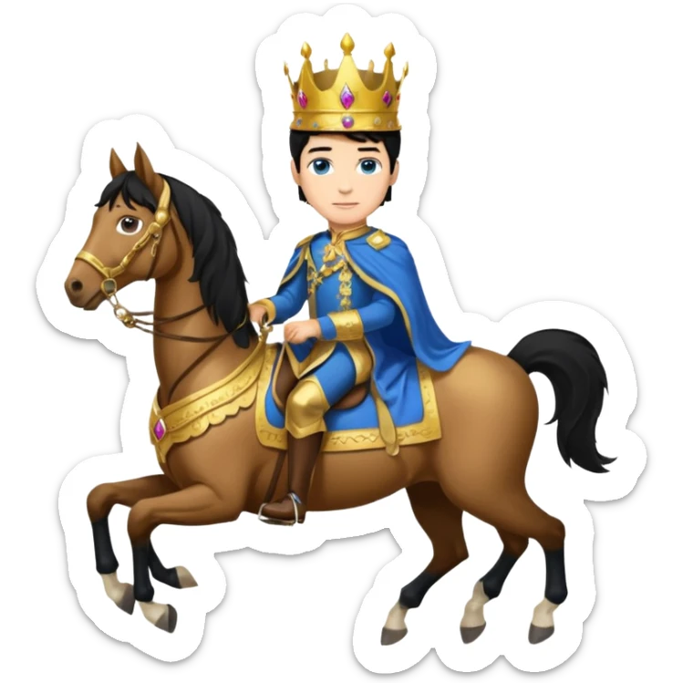 Prince,, black Hair, blue eyes, whole body, in a horse  sticker