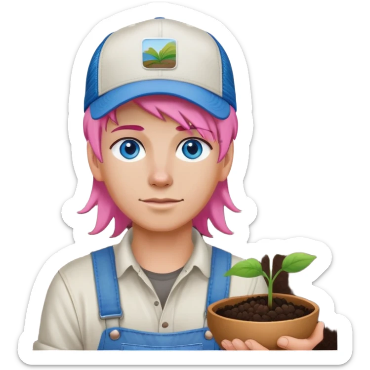 Young White farmer with pink hair and blue eyes planting seeds with a trucker hat sticker
