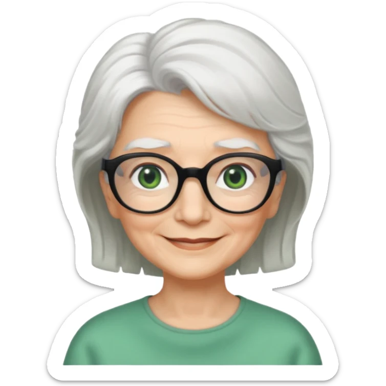 White hair grandma, green eyes, hair to shoulder, lokeg black glasses, rectangles face, smile , sticker