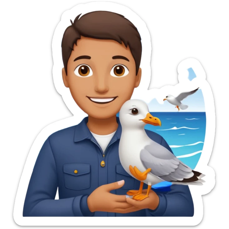 Minimalist emoji-style illustration of a smiling photographer holding a seagull in their hands. Simplified, clean lines, vibrant colors, small size, white background sticker