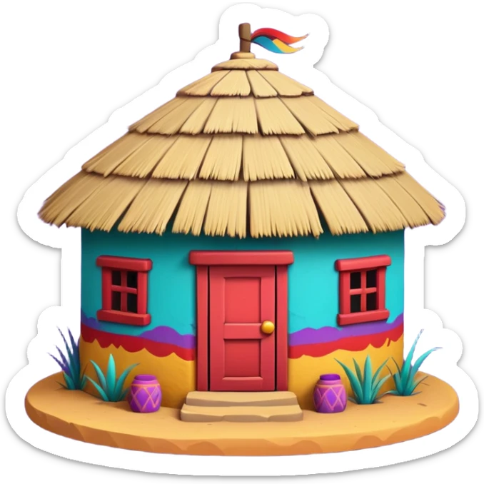 African mud hut tribal house, round adobe clay hut, thatched roof, bright colorful paint, walls in turquoise, red, yellow, purple, tribal patterns, cute mobile game icon, 3D cartoon, soft shadows, clean background, no text, no watermark sticker