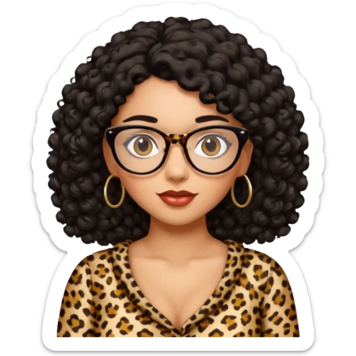 A women who wears glasses with a black curly hair, in a leopard print dress sweetheart neckline  sticker