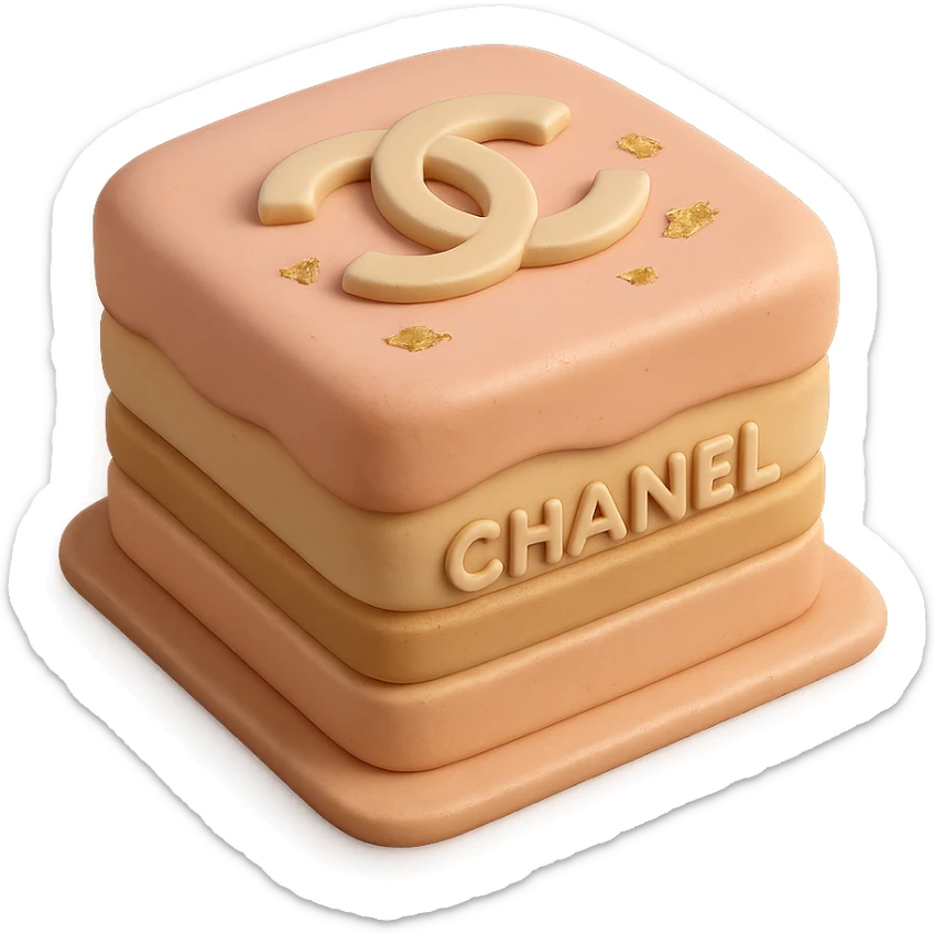 pastel fondant cake art style Chanel opera cake with logo and gold leaf sticker