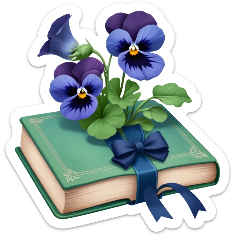 A nostalgic still life of a green vintage book, faded blue ribbon, and pressed navy pansies. sticker