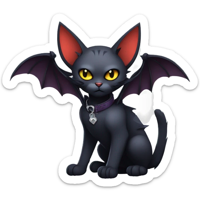 cool edgy dark-themed animal vampiric cat-hybrid Fakemon with fangs and bat-wing-ears with a collar full body sticker