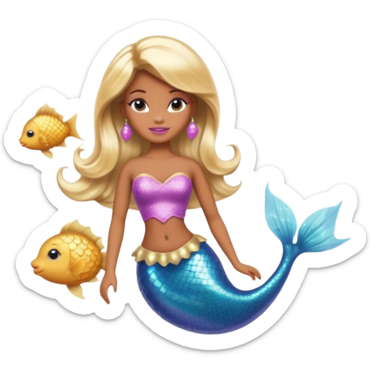 Brown skin blonde hair barbie mermaid with glitter tail  with pufferfish sticker