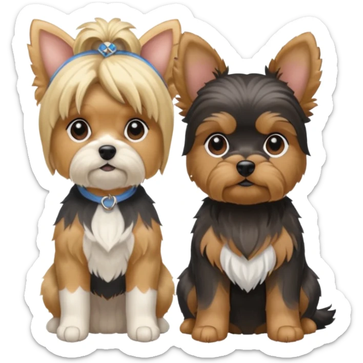 Generate a blue and tan purebred yorkie with a blonde shi tzu yorkie mix with floppy ears sitting next to each other. Make them the same size sticker