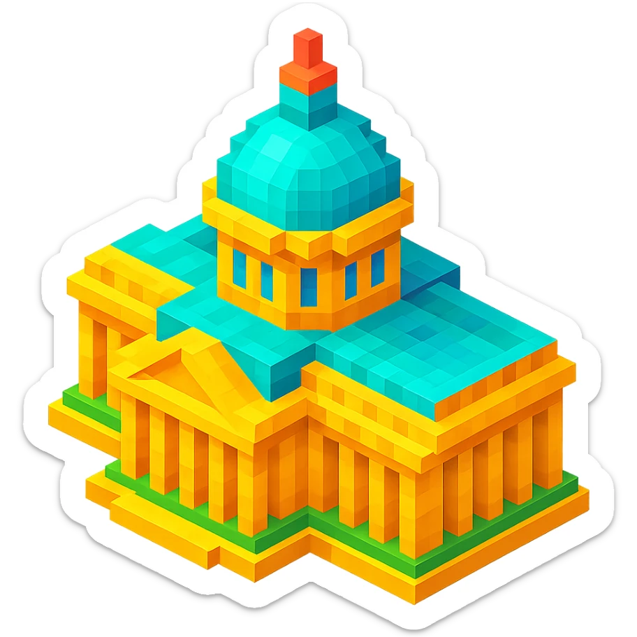 Kazan Cathedral of Saint Petersburg, classic architecture, large central dome, colonnade, isometric view sticker
