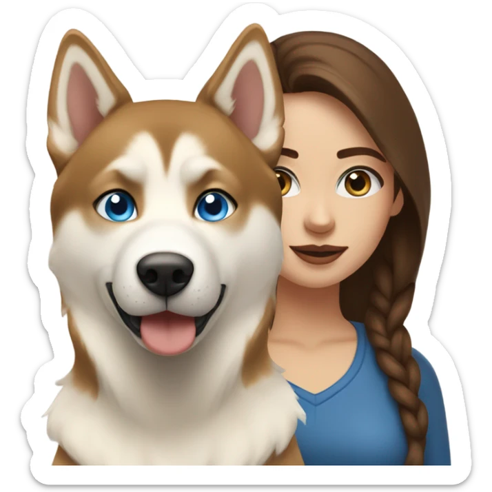Woman brown hair blue eyes with Husky beige golden sticker