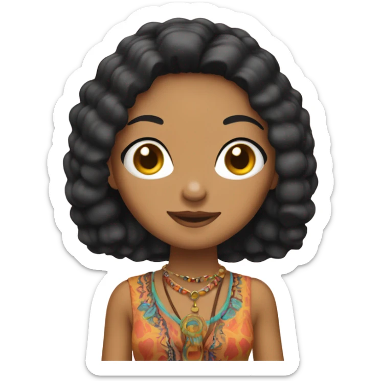 Tanned woman with black hair dressed in 1970s hippie attire, hair, makeup, and attire sticker