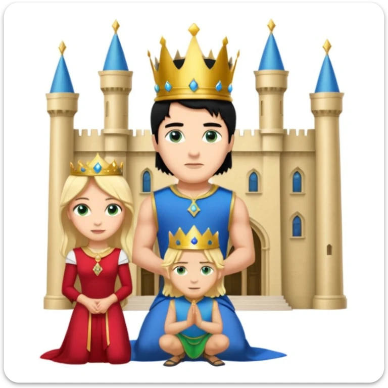 Man as king, standing, black Hair, blue eyes, female Servoamt, blonde, green eyes, shott white sleveless Dress, kneeling, background palace sticker