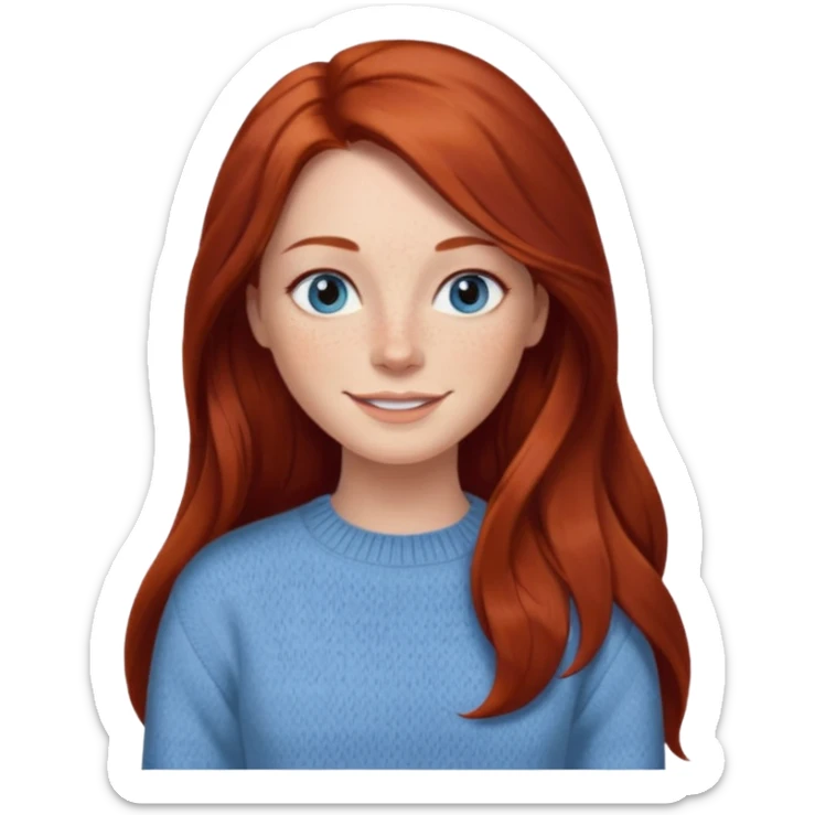 woman with long dark auburn red hair that is mostly straight but has slight waves to it. grey blue eyes. some freckles. wearing a Swedish style sweater that is neutral. smiling.  sticker