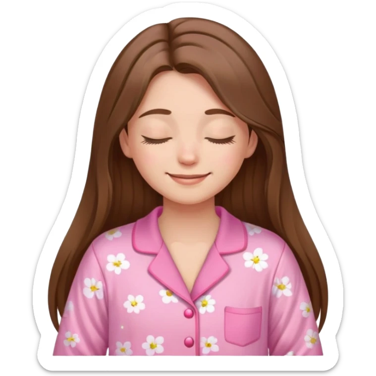 The brown long hair girl going to sleep in pink pajama with smile and closed eyes sticker