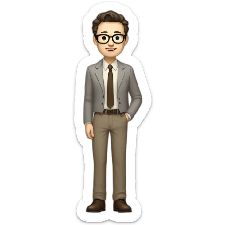 Full height Pale skinned Fit Man With dark brown hair in gray jacket, beige office shirt, tie, Brown pants and vintage glasses. Thrumbs of his palms directed up sticker