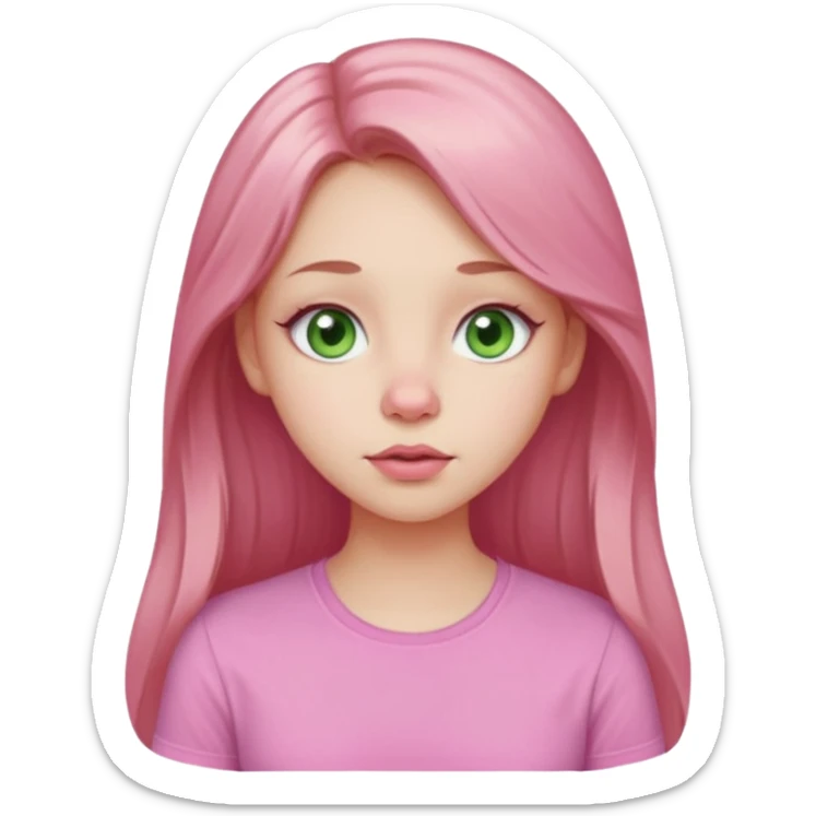 Pale girl, pink nose, cheeks, nose, chin, long light brown hair, Pink full lips, doe eyes, light green eyes wearing cute pink shirt sticker