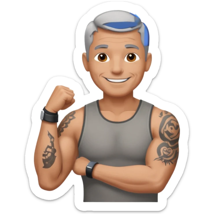 un homme de 50 ans, cheveux court gris, musclé avec le bras droit tatoué sticker