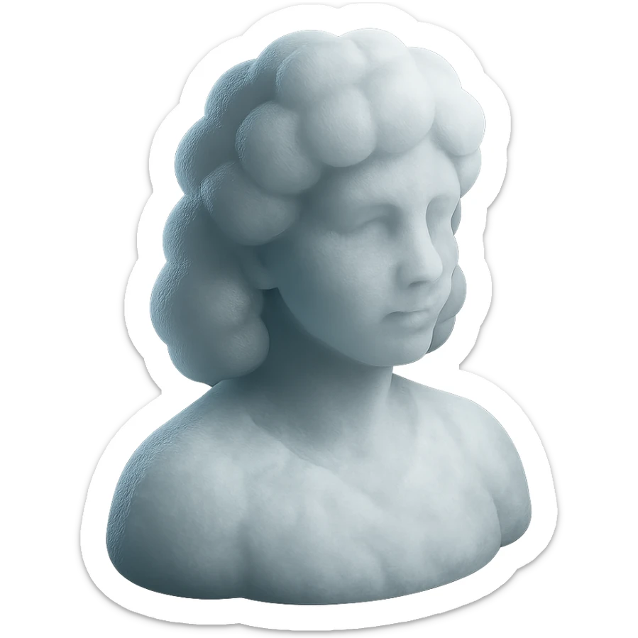 person looking straight, made entirely of white fluffy convex clouds, shoulder length, matte glass style, no background sticker