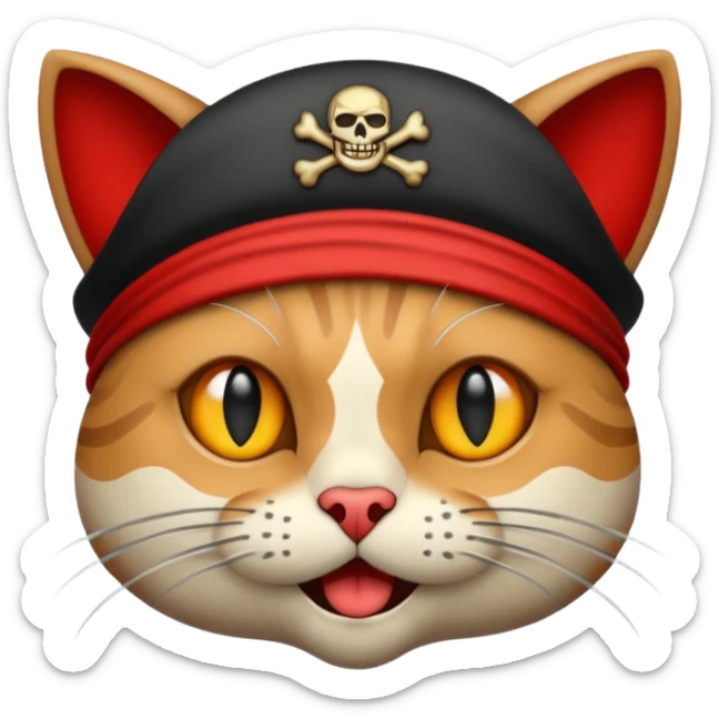 Vintage 1930s cartoon style emoji, cat, pirate aesthetic, thick black outlines, rubber hose animation style, monochrome with red accents, grainy paper texture, white background --v 6.0 sticker