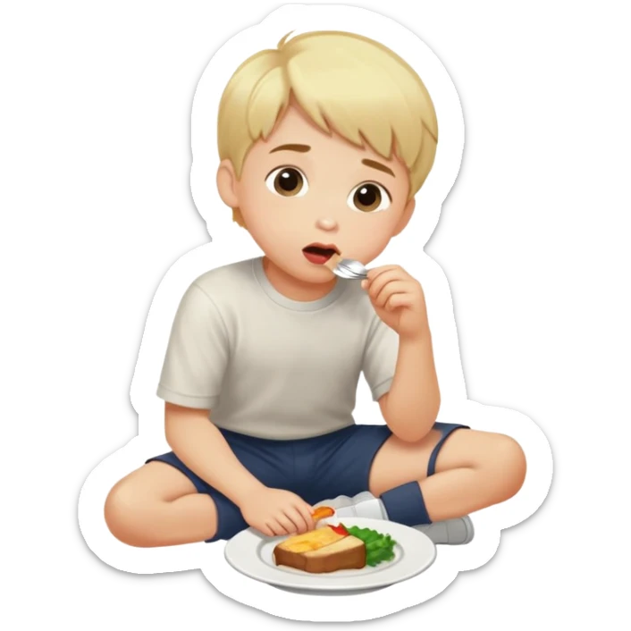 Blonde boy short hair kneeling looking up licking lips because he is about to eat a nice dinner sticker