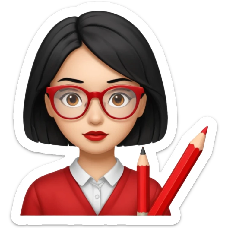 Morena girl with black hair in a pencil that creates a hun hairstyle. She has red glasses sticker
