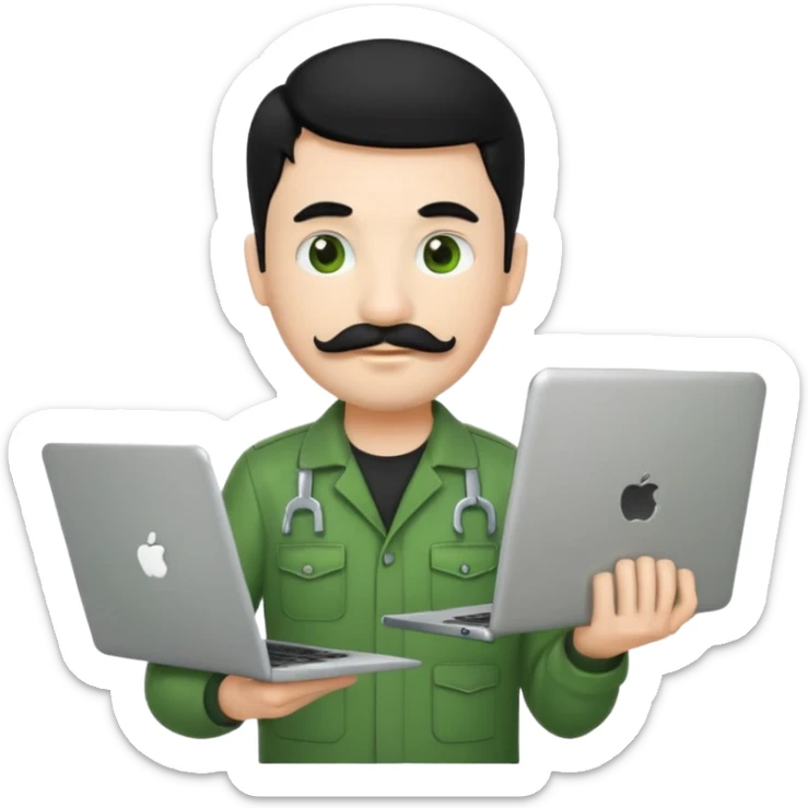 mechanic emoji with white skin, black hair, mustache, wearing green uniform, holding a laptop instead of a wrench sticker